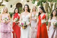 mismatching lilac, pink and orange maxi bridesmaid dresses, with and without prints for a lively summer wedding