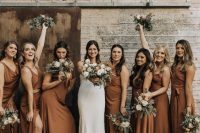 mismatching toffee brown maxi bridesmaid dresses will be a nice solution for a fall wedding