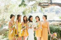 mismatching yellow mini, knee and maxi bridesmaid dresses are a cool idea for a spring or summer wedding