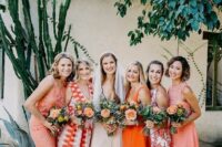 msiamtching coral and orange knee bridesmaid dresses with various designs are great for a colorful desert wedding