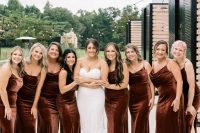 perfect brown velvet maxi bridesmaid dresses with cowl necks and thigh high slits for a fall wedding