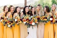 pretty strap maxi bridesmaid dresses in a bold shade of yellow are a great idea for a fall wedding