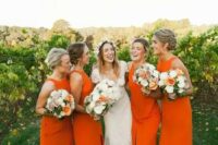 sleeveless orange halter neckline maxi bridesmaid gowns with a front slit can fit a summer or a fall wedding
