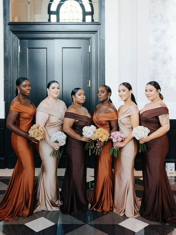 sophisticated off the shoulder mermaid bridesmaid dresses in champagne, orange and brown colors for a chic fall wedding