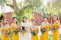 sunny yellow off the shoulder maxi bridesmaid dresses with drapings for a summer or fall wedding