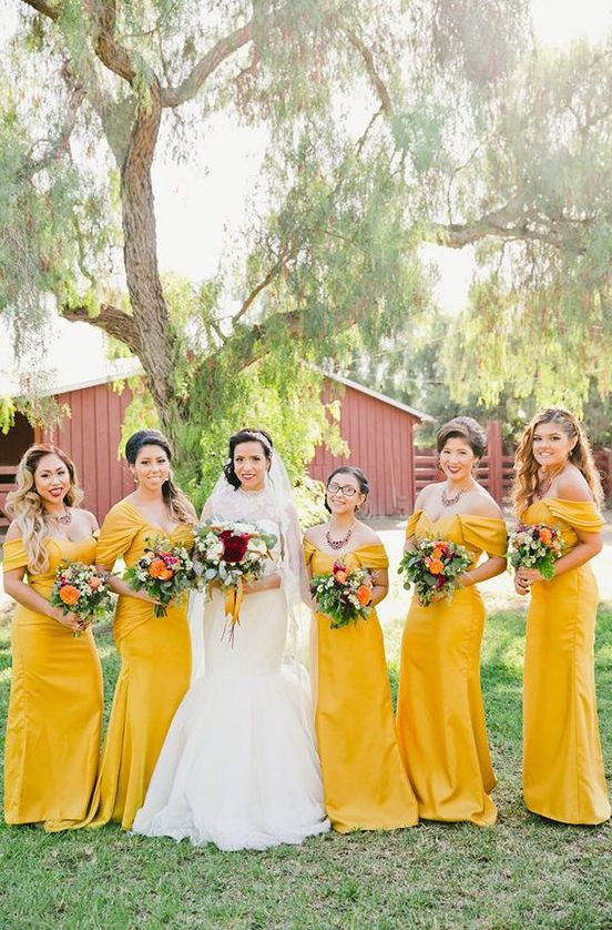 sunny yellow off the shoulder maxi bridesmaid dresses with drapings for a summer or fall wedding