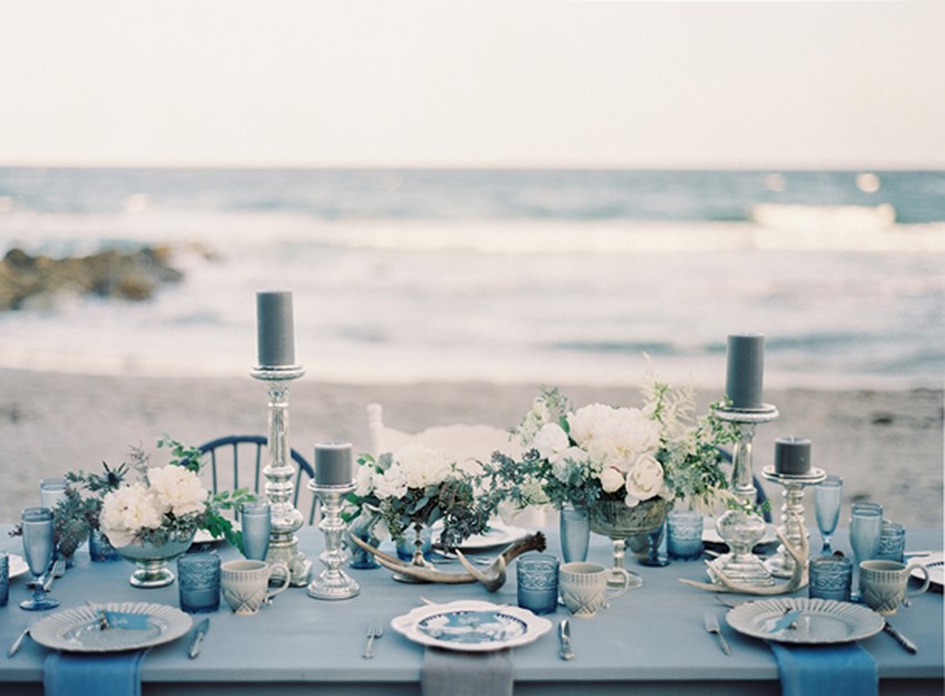 all-blue winter wedding table setting with grey touches