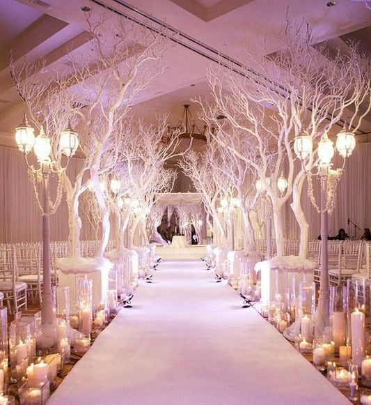 winter wonderland wedding aisle with manzanita trees just makes it feel as if you really outdoors on a cold snowy day