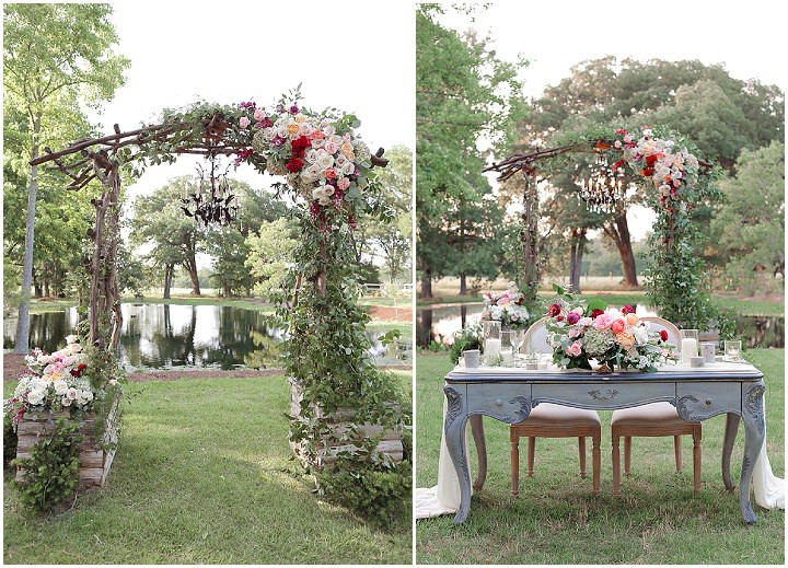 The wedding setting is done with vintage touches and lush summer flowers