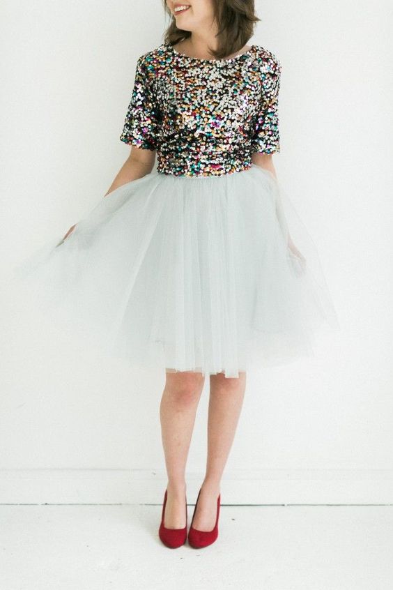 a glam winter bridal shower look with a mint tutu skirt, a sequin top and red heels will be great for Christmas and NYE