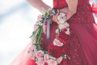 08 red and blush rose flower crown to rock with a hot red wedding dress