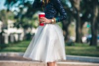 a stylish and shiny winter bridal shower look with a white tutu skirt, a sequin shirt and nude heels is easy and cool