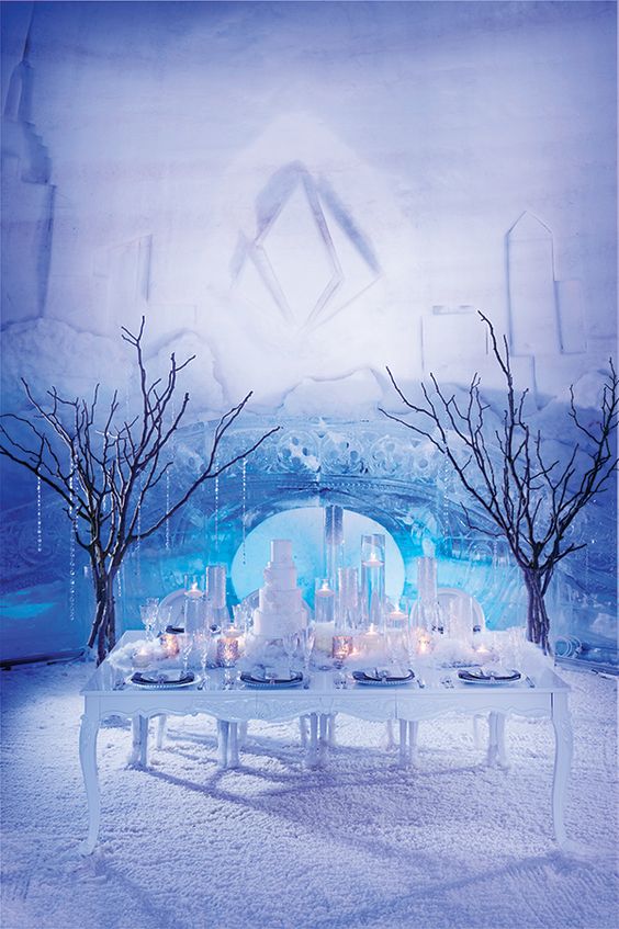 crystal garlands and faux snow with candles will help you to create an ambience