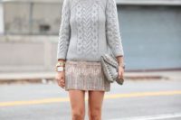 a girlish winter bridal shower look with an embellished mini skirt, a grey sweater and nude heels is a lovely idea for winter