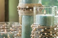 12 pearl wire garlands and aqua color pillar candles