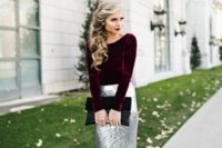 a Christmas bridal shower outfit with a sequin maxi skirt, a purple velvet top and a black bag is lovely