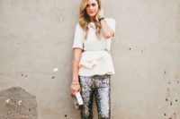 a winter bridal shower outfit with sequin pants, a white peplum top and heels is a cool and glam idea to try