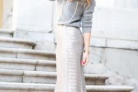a chic and glam winter bridal shower outfit with a silver sequin maxi, a grey sweater and a strand of pearls