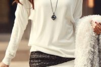a stylish chic and glam bridal shower look with a white sweater, a white and sequin mini skirt and a necklace