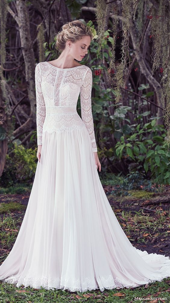 boho-inspired wedding dress with a lace top and a flowing skirt
