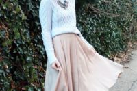 a winter bridal shower look with a blush midi, a grey sweater, flats and a beanie is a lovely idea for a glam and cute bridal shower