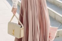 a simple and stylish bridal look with a blush pleated maxi and a crochet lace top plus a creamy bag is a great idea for a bridal shower