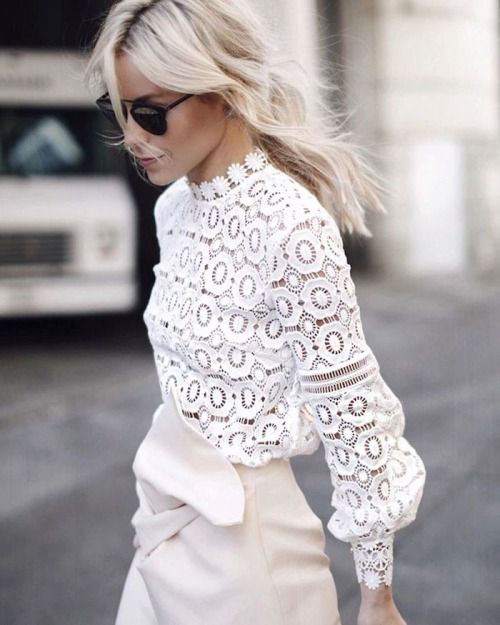 crochet lace blouse and a twist blush skirt