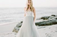 28 bridal separate with a tulle grey skirt and a white lace top