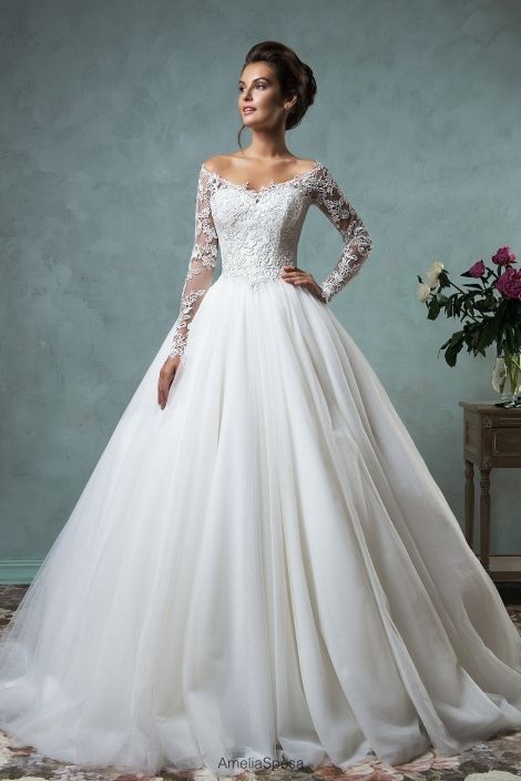trendy off the shoulder A-line wedding dress with a lace bodice