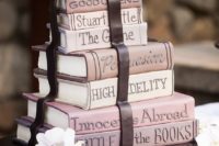 30 blush stacked books wedding cake