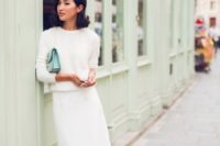 a catchy modern bridal shower look with a white midi, a white angora sweater, peep toe heels and a mint green bag