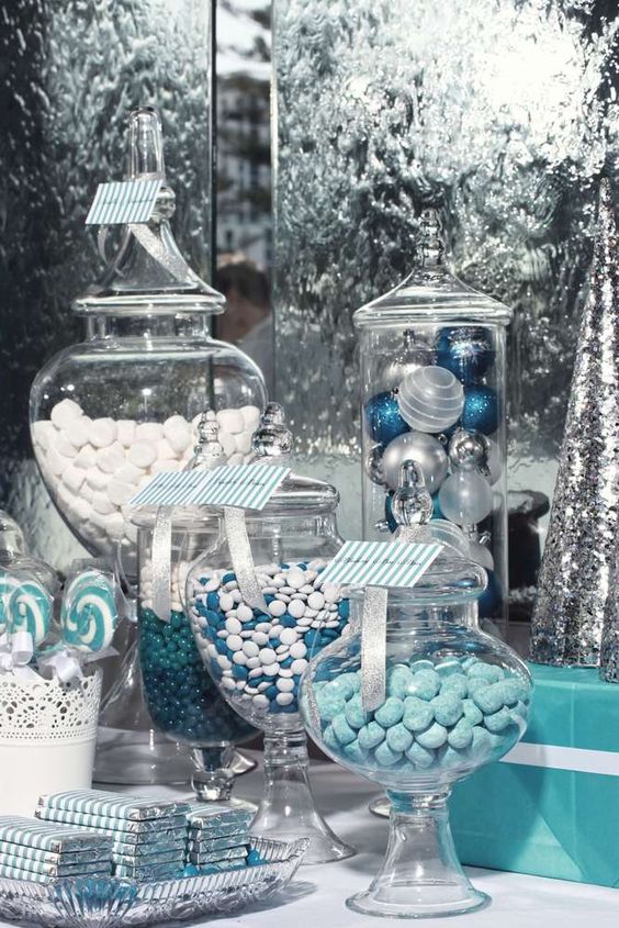 blue and silver sweets bar will help you to highlight the theme of your wedding