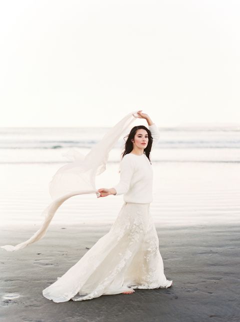 winter bridal separate with an oversized sweater and a lace skirt