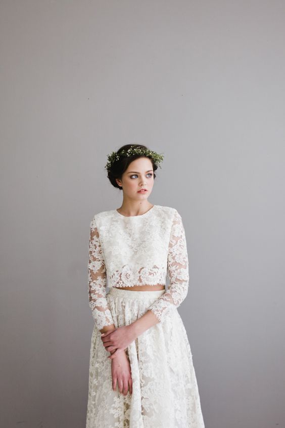 white lace two piece bridal dress perfect for boho weddings