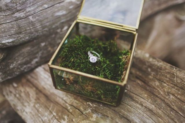 fill the ring box with moss to highlight your wedidng theme