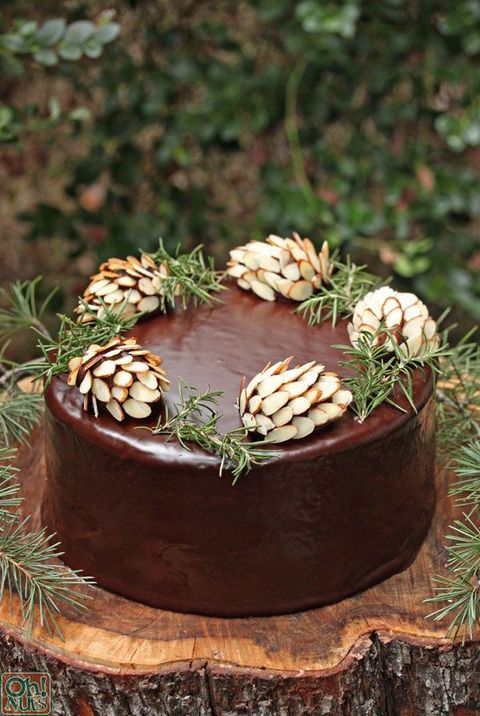 chocolate wedding cake with almond pinecones