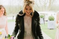 a black shearling jacket with a fur collar will create a super bold contrast to your girlish pink wedding ballgown