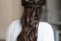 a chic half updo with a twisted touch and a loose braid, waves down and celestial hair pins is amazing