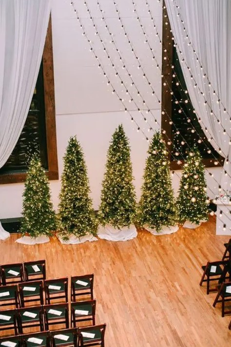 a cluster of Christmas trees with lights is a lovely Christmas wedding backdrop idea and they will bring coziness at once