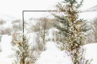 a cool frozen winter wedding arch decorated with white blooms and berries on twigs and branches is a cool idea for an outdoor wedding