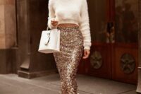 a glam winter bridal shower look with a white fuzzy crop top, a sequin maxi skirt, white strappy shoes and a white bag