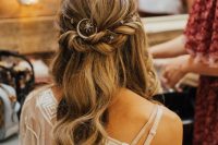 a lovely boho celestial half updo with a wavy halo and waves down plus lovely celestial hair pins is amazing