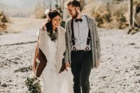 a plain boho wedding dress plus a brown shearling coat with faux fur in neutrals to complete a boho bridal look