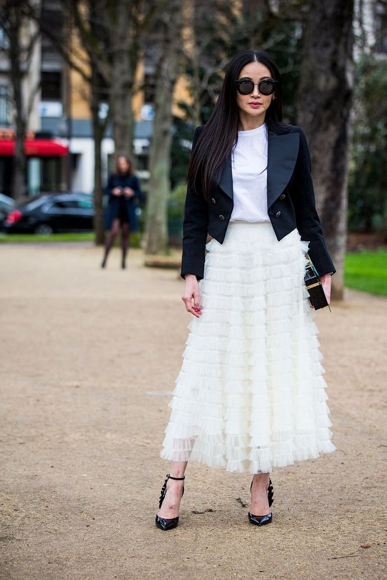a refined winter bridal shower look with a white t-shirt, a neutral ruffle maxi skirt, black shoes, a black cropped blazer and a black bag