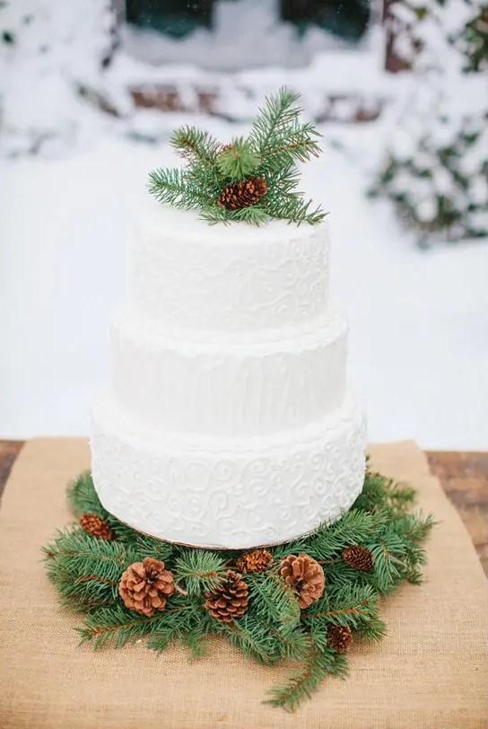a white textural wedding cake displayed on fir branches and decorated with them