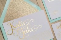 02 amazing mint and gold glitter wedding invitations, a mint envelop and a glitter liner