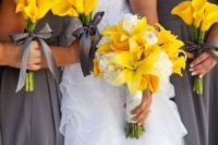 03 graphite grey bridesmaids’ dresses and sunny yellow bouquets