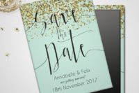 03 mint save the dates with gold sequins