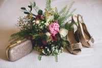 03 neutral glitter shoes and clutch along with a textural bouquet finished her look