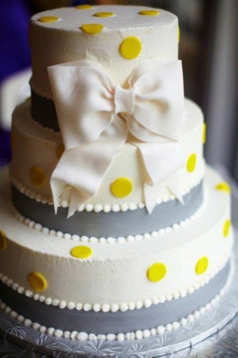ivory, grey and yellow polka dot wedding cake